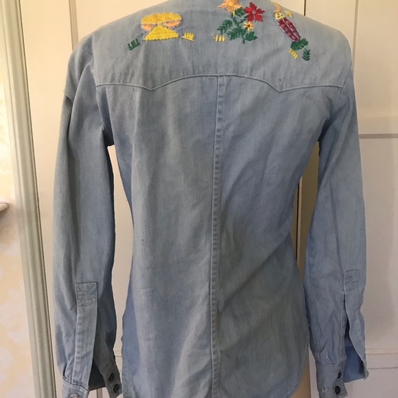 Your favorite 70s cotton denim hand-embroidered mushrooms lady bug Boho  shirt ! - Picture 6 of 16